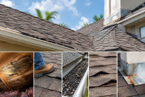 Water damage under roof shingles showing deteriorated decking and dark staining